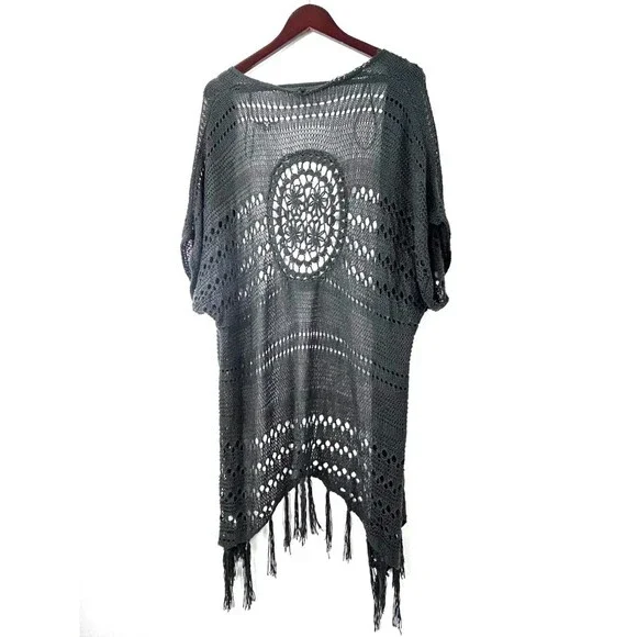 Womens Sleeveless Long Crochet Shawl Open Cardigan Cover Up Fringe Gray Sz S - Picture 6 of 12